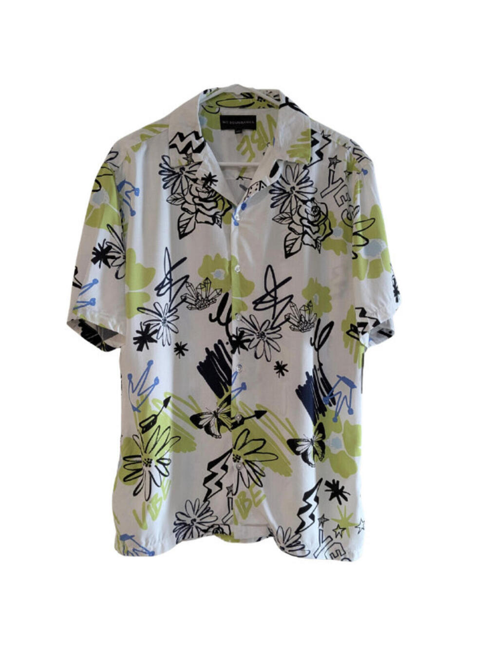 No Boundaries Men's Button-Up Shirt White Green Blue Medium 38-40 Graffiti New